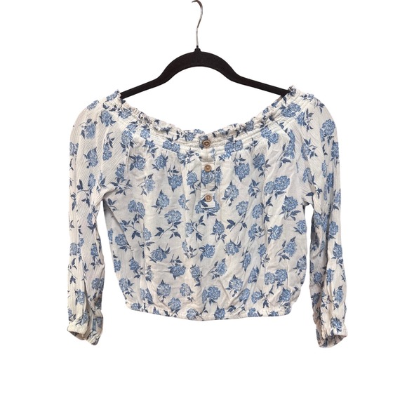 Vanilla Star Tops - Vanilla Star Women Blue Floral Off Shoulder Crop Top Long Sleeve Blouse Size S